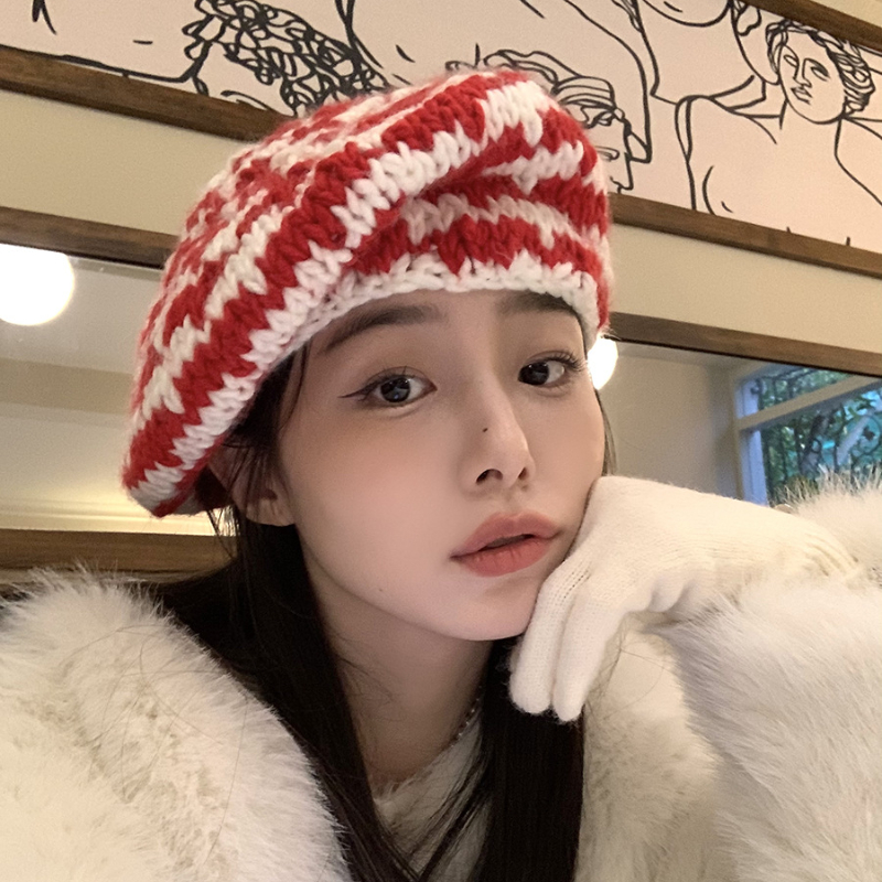 

Korean Mixed Color Berets Fashion Knitt Coarse Wool Women's Hats Winter Advanced Sense 2023 New Color Matching Retro Painter Cap