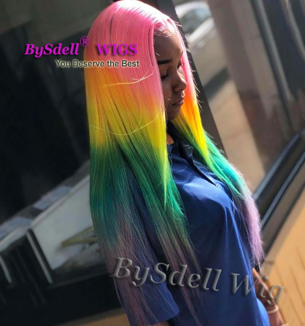 

bright colorful rainbow hair wig synthetic long straight pink yellow green purple ombre hair lace front wigs beauty fashion female2382829, Black