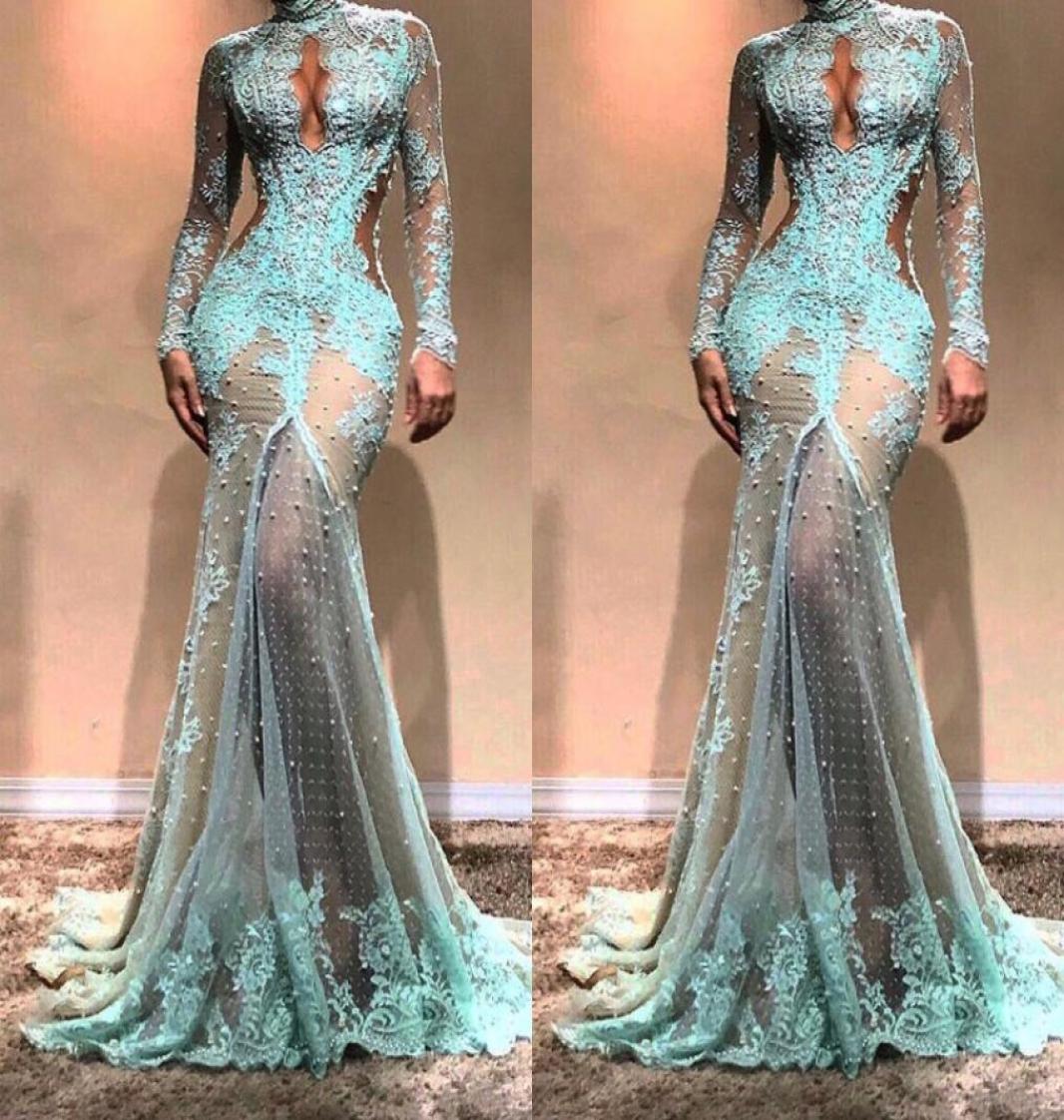 

High Neck Luxury Full Lace Pearls Mermaid Evening Dresses Dubai See Through illusion High Split Formal Prom Cutaway Side Celebrity4767603, Same as picture