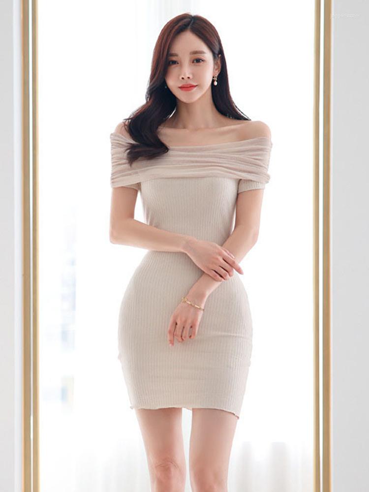 

Casual Dresses Korean Summer Elegant Women Evening Short Dress Chic Sexy Off-Shoulder Skinny Mini Party Club Prom Mujer Stretchy Vestido, Khaki