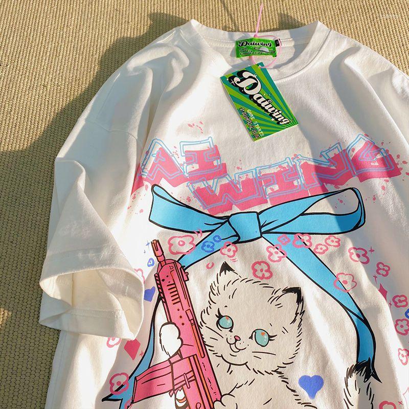 

Men' T Shirts Summer Retro Trend Cartoon Kitten Print Graphic T-shirt For Couples Loose Fitting Men And Women Casual Street Short Sleeved, Light green