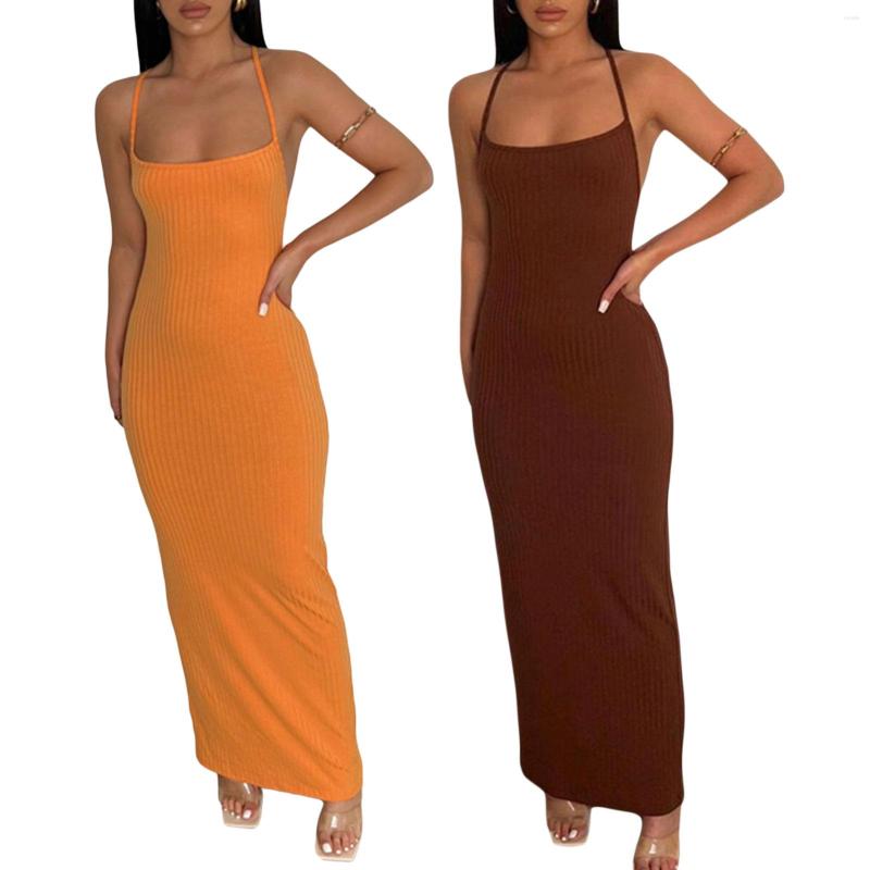 

Casual Dresses Women' Solid Color Sleeveless Dress Spaghetti Straps Tie Back Summer Party Knitted Long Holiday, Orange