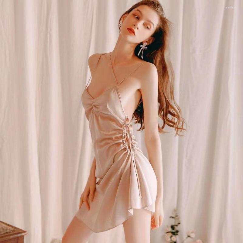 

Women's Sleepwear 2023 Sexy Spaghetti Strap Nightgown Female V-Neck Temption Hollow Out Nighty Underwear Dress Mood Home Summer Wear, White