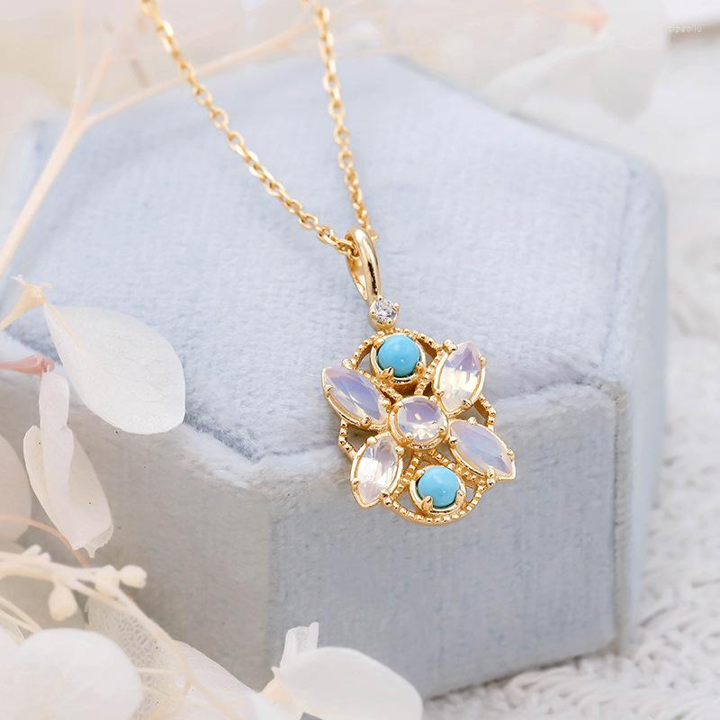 

Chains LAMOON Luxury Necklace For Women Gemstone Pendant Natural Opal Turquoise 925 Sterling Silver Gold Plated Chain Jewellery NI050