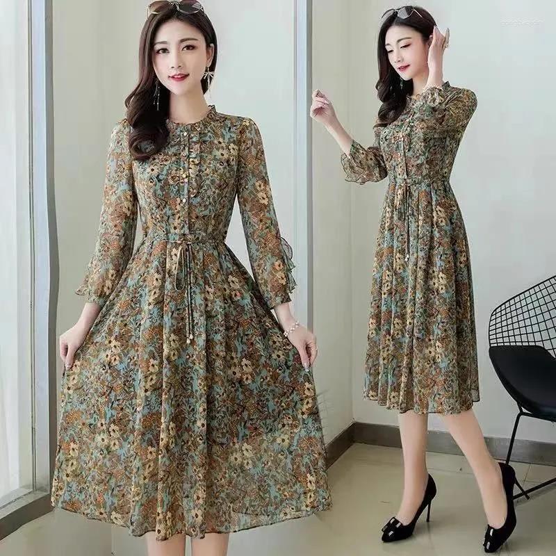 

Casual Dresses Eleagnt Spring Autumn Women Chiffon Dress Female Long Sleeve Pleated A-Line Floral Printed Mujer Vestidos Q423, Blue