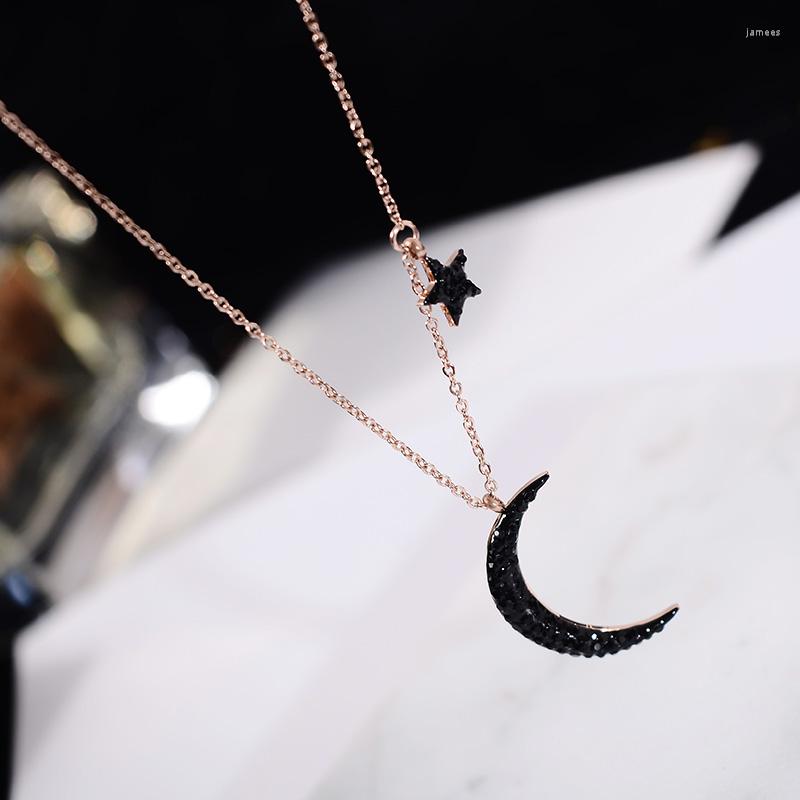 

Pendant Necklaces YUN RUO Rose Gold Color Black Crystal Moon Necklace Titanium Steel Jewelry Woman Christmas Gift Never Fade Drop