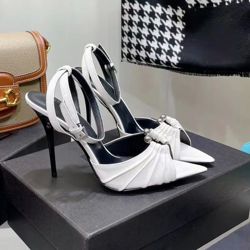 

2023 New designer Metal buckle high-heeled sandals Pleated pointed women's formal shoes luxury patent leather ankle strap banquet shoes 11CM, Fuchsia