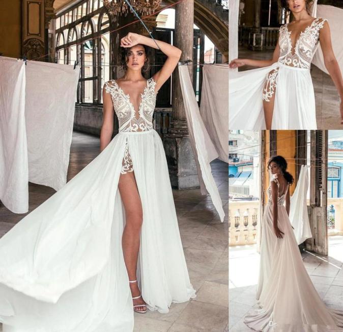

2020 New Sexy Deep V Neck Beach Wedding Dresses Side High Slit Lace Appliqued Illusion Bodice Sweep Train Bohomian Wedding Bridal 7711329, Brown