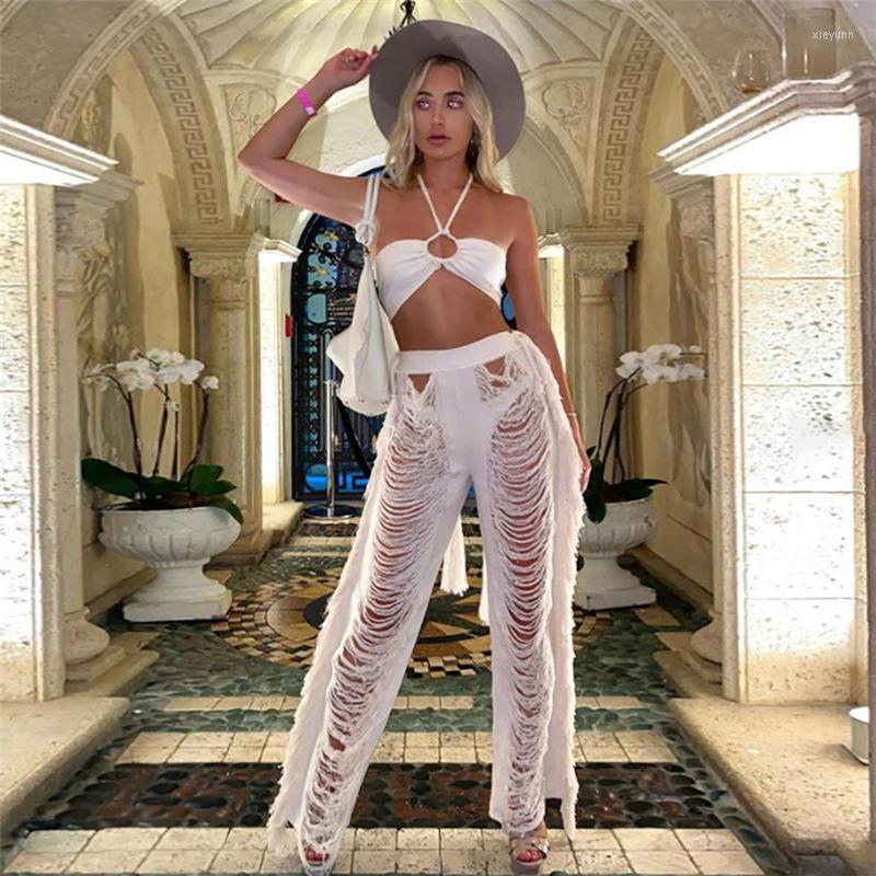 

Women' Pants Side Tassel Knitted Women Hipster Hollow Out High Waist Straight Bottoms Tie Dyeing Gradient Street Female Trousers, Black