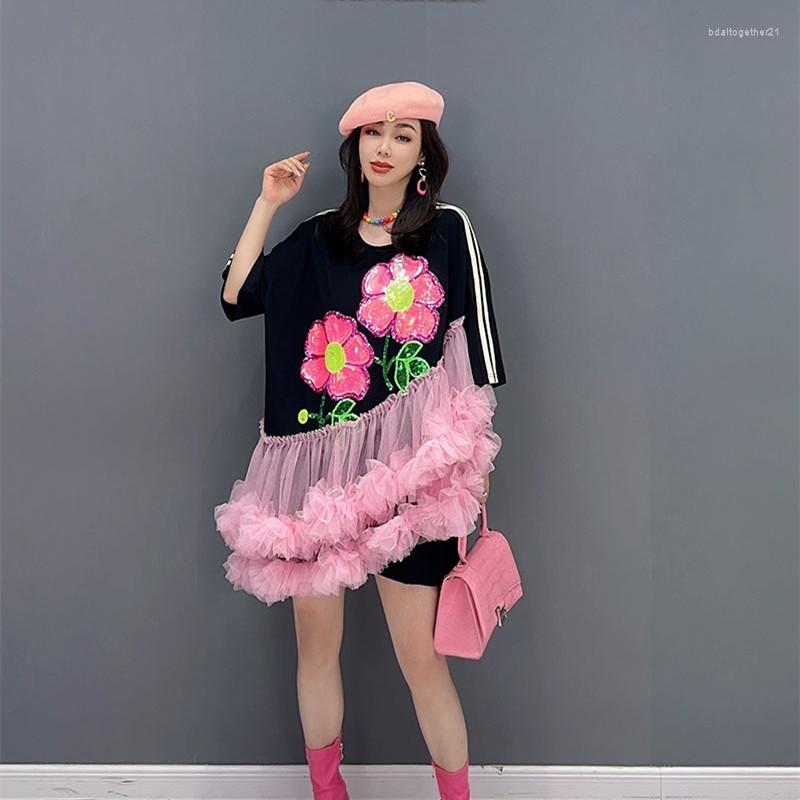 

Women's T Shirts Mesh Spliced Long Tops Women Flower Sequins Short Sleeve Summer Thin Pullovers Largos De Verano Para Mujer, Black