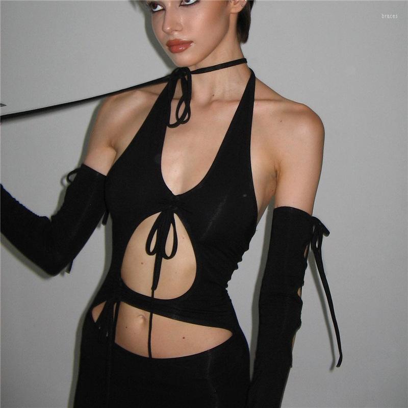 

Casual Dresses Cyber Gothic Cut Out Sexy Halter Y2k Punk Techwear Fashion Backless Long Dress Women Black Lace Up Partywear