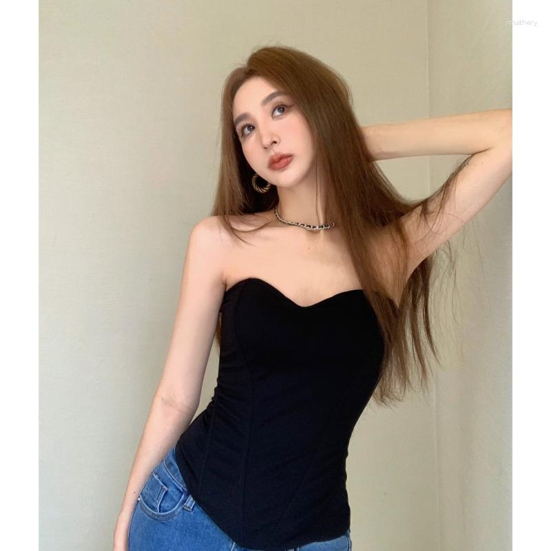 

Women' Tanks Women Wear Black Top Strapless European American Sexy Spicy Female One Line Neck Slim Design Summer Versatile T-shirt Short