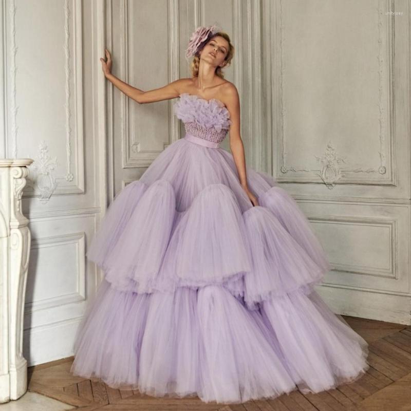 

Party Dresses 2023 Lavender Strapless Prom Ruffles Tiered Tulle Floor Length Elegant Evening Gowns Custom Made Vestidos Longo, Green
