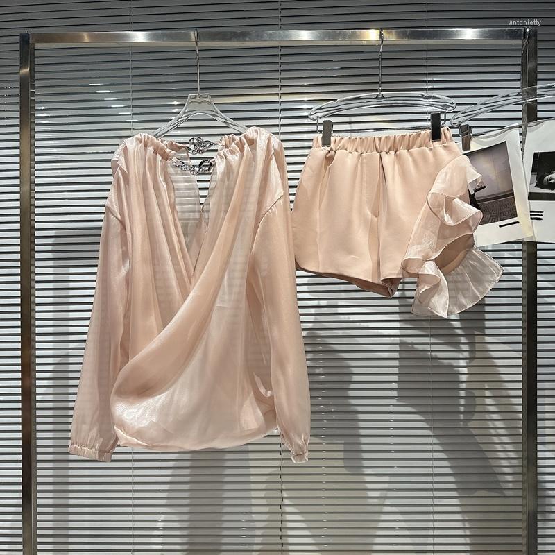 

Women' Tracksuits PREPOMP Pink Chiffon Shorts Set Women V-neck Metal Chain Pleated Long Sleeve Shirt Elastic Waist Floral Mesh Ruffles 2023