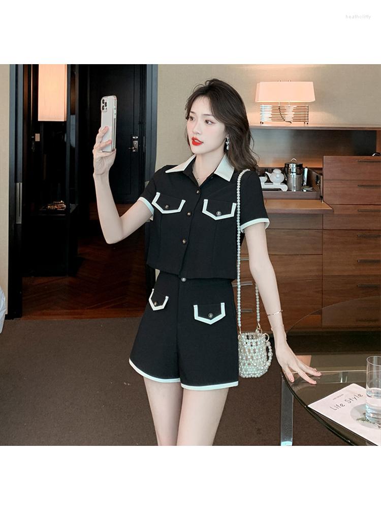

Women' Tracksuits Black Shorts Sets FoWomen Short Sleeve Turn-down Collar Shirts Hight Waist Harajuku Solid Casual Office Ladie Outfits
