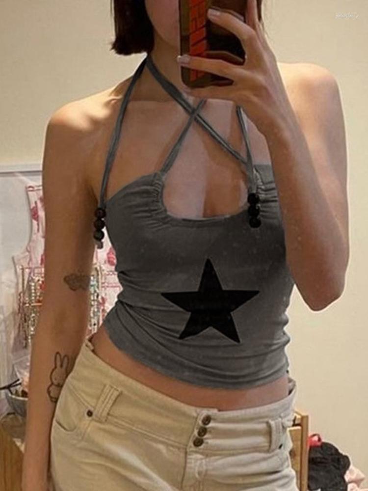 

Women' Tanks Star Print Halter Crop Cami Top Women T Shirt, Dark grey