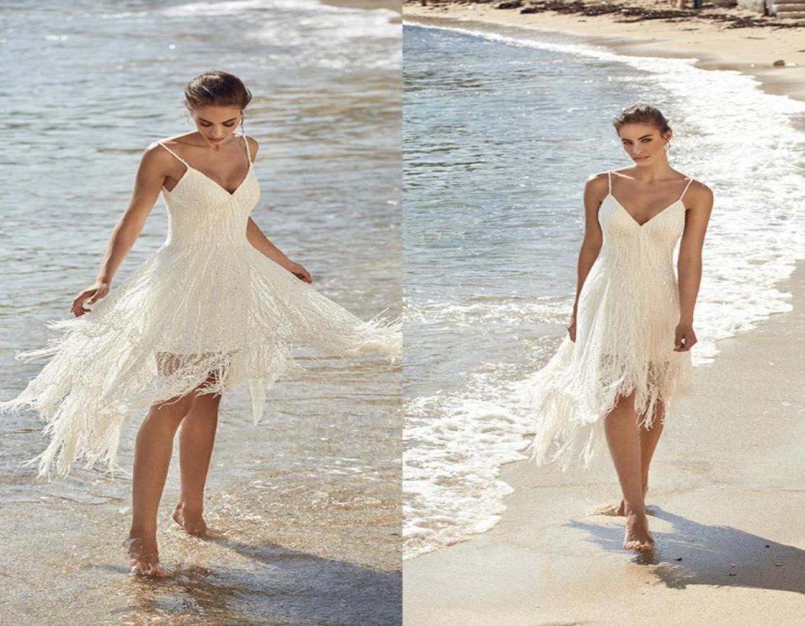 

Sexy Spaghetti V Neck A Line Beach Wedding Dresses Lace Tassel Sequins Beads Short Bridal Gowns Knee Length Boho Wedding Gowns3672651, White
