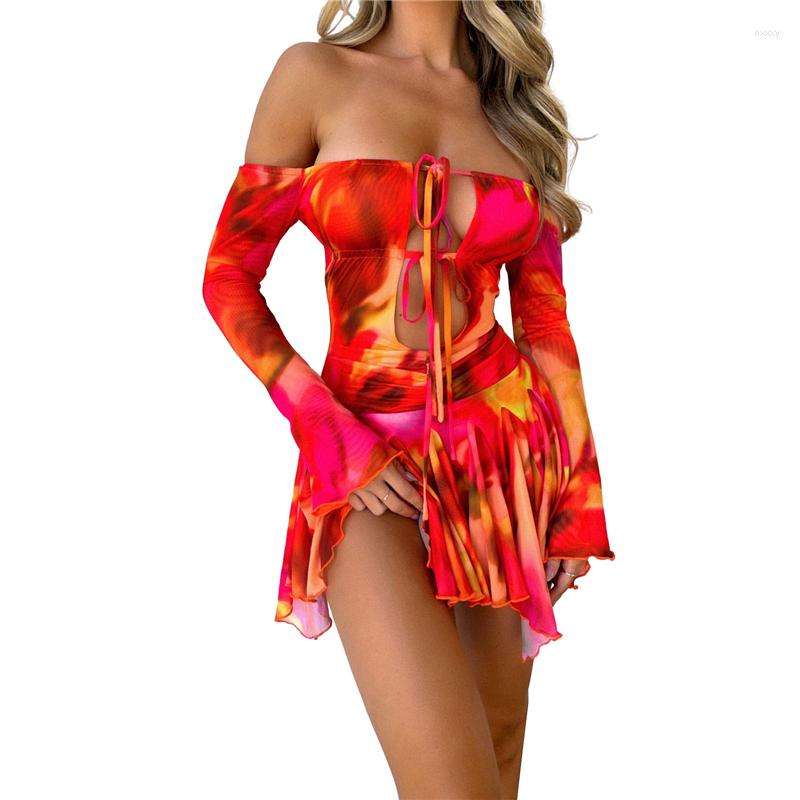 

Casual Dresses Y2k Dress Summer Women Tie Dye Print Off Shoulder Long Sleeve A Line Pleated Mini 2000s Cocktail Party Clubwear, As photo shows