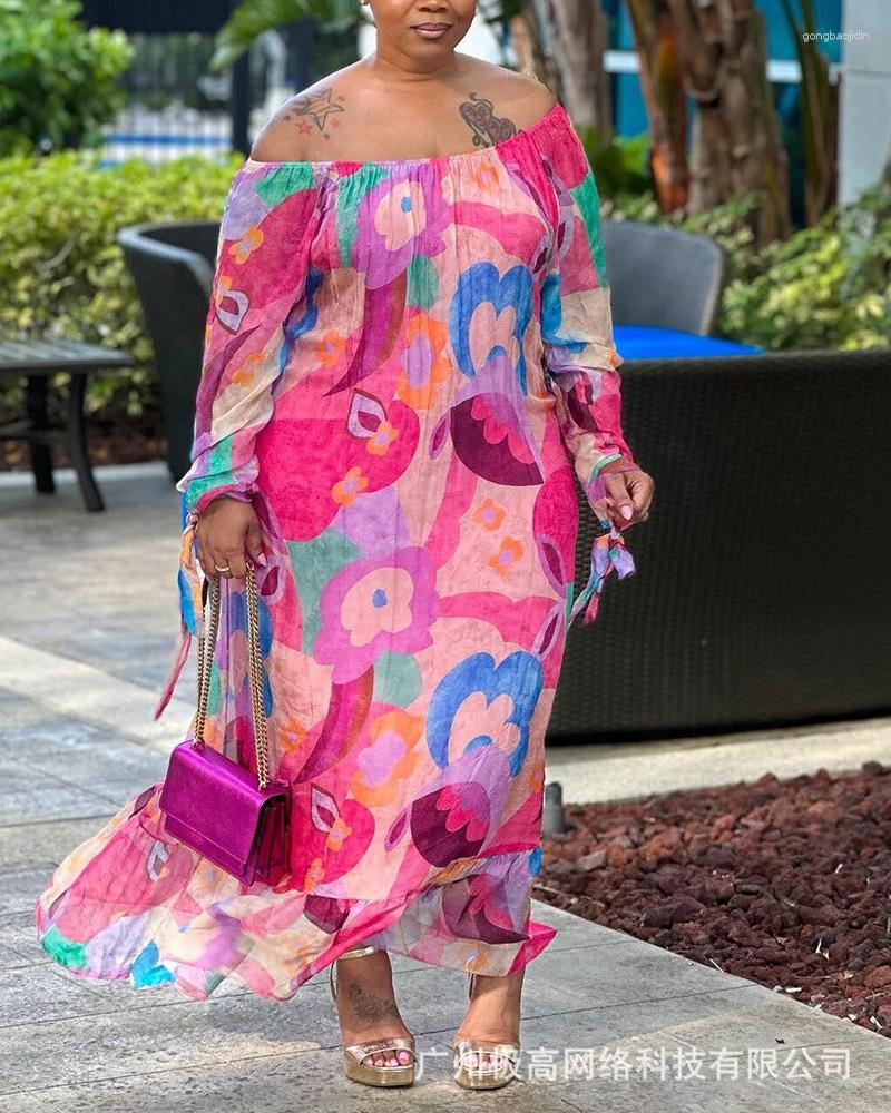 

Casual Dresses Floral Print Off Shoulder Dress Women Long Loose Fashion Ankle Length High Waist Summer Spring, Green