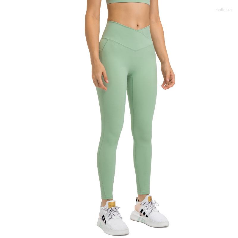 

Active Pants Sexy Ladies Pocket Yoga Fitness Leggings Front Waist Crossover No T-line Nude Sports Tennis Gym Workout Sportswear, Smoke brown