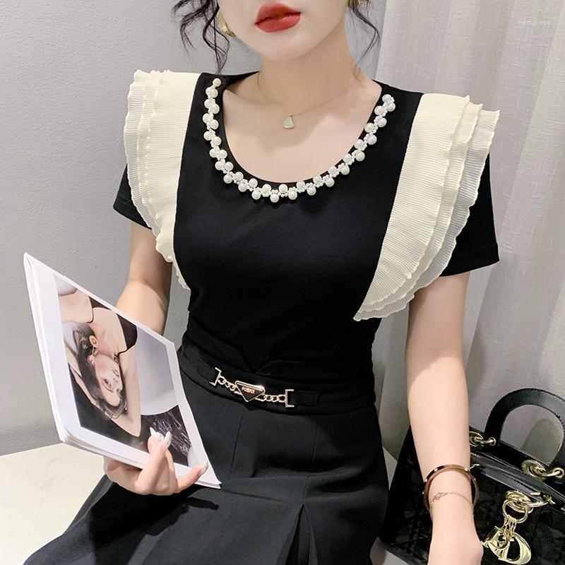 

Women's T Shirts 2023 Summer Pleated Ruffles Tops Edge Pearl Round Collar Nail Bead Short-Sleeved T-Shirt, Beige
