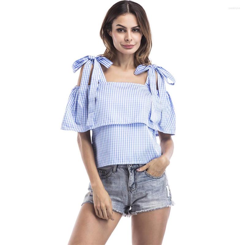 

Women' Blouses 2023 Summer Fashion Blouse Word Spread Long-sleeve Shirt Striped Print Embroidered Shoulder Slash Neck, Blue women shirt