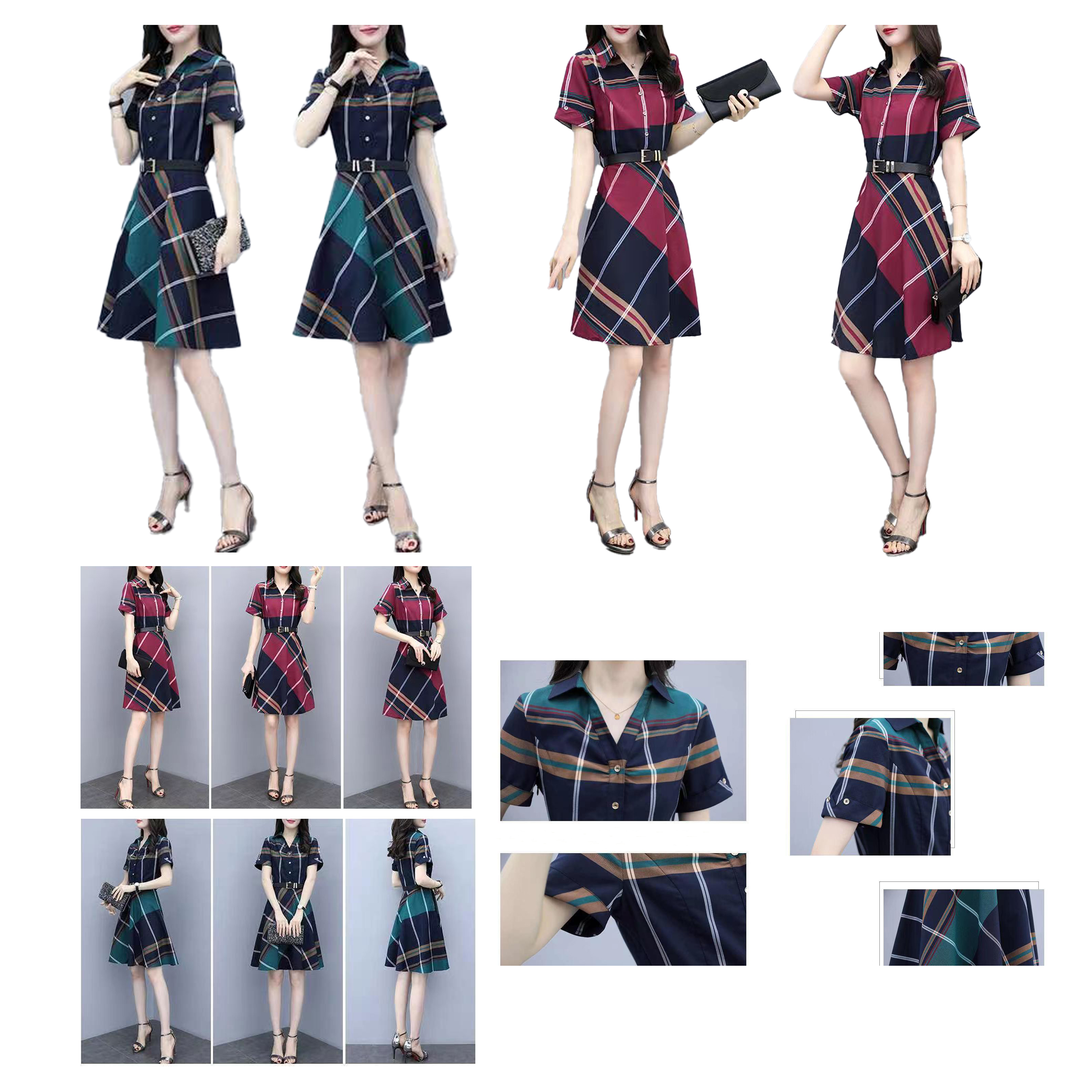 

Designer luxury brand plaid shirt dress women's spring and summer versatile temperament slim mid-length A-line skirt women's casual dress size S-XXXL, Red asian size
