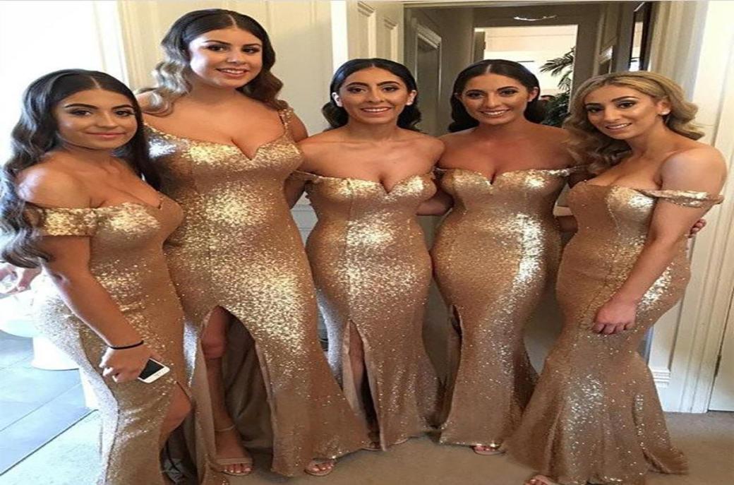 

Selling Sequined Mermaid Bridesmaids Dresses Sexy Side Split Off Shoulder Floor Length Maid of Honor Gowns Custom Made BD89039823458