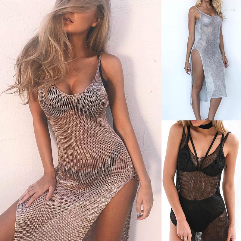 

Casual Dresses Summer Women Sexy Mesh Beach Dress Sheer Long Cover Up Knitted Glitter Female Swimsuit Bikini Bathing Suit Swimwear, Gold color