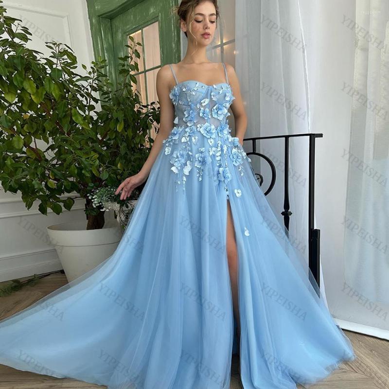 

Party Dresses Sweetheart A-Line Prom Gown 3D Floral Tulle Sweep Train Beading Spaghetti Strap Long Sexy Side High Split Sky Bule Dress, Blue
