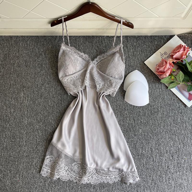 

Women's Sleepwear FZSLCYIYI Lace Nightdress Satin Women Sleep Dress Sexy Lingerie Spaghetti Strap Nightgown Soft With Pads, Black