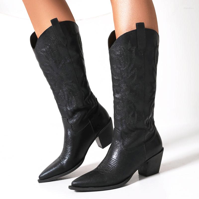 

Boots 2023 Mbroider Western Cowboy For Women High Heels Ladies Cowgirl Wide Mid Calf Black Pink Bota Feminina, White