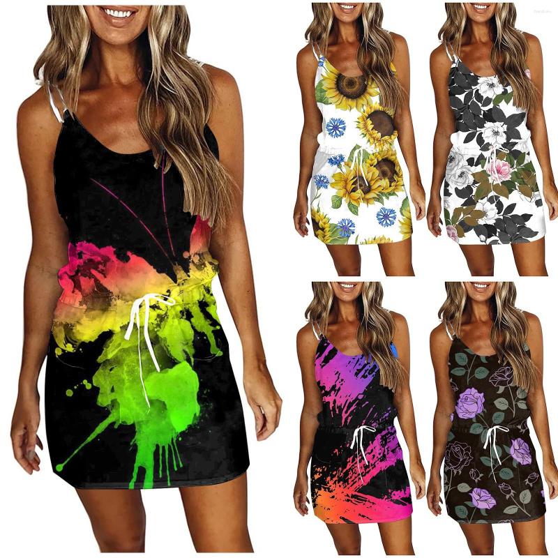 

Casual Dresses Women Party V-Neck Women'S Fashion Summer Stripe Printed Loose Sleeveless Halter Pocket Dress Design Vestidos, Yellow