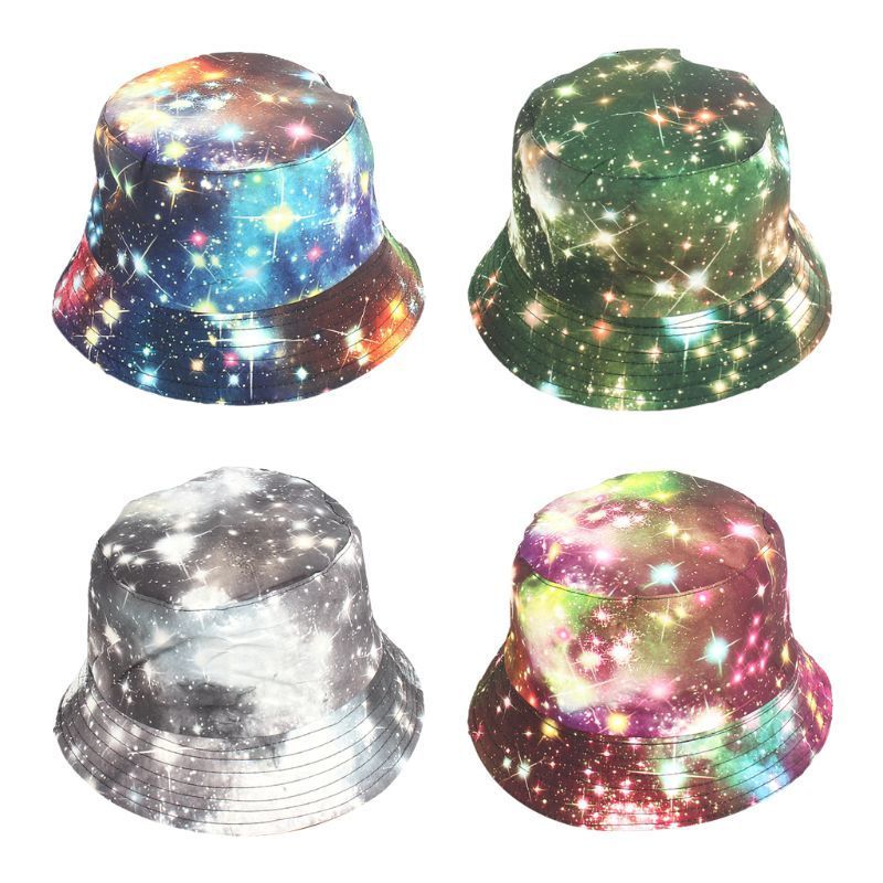 Wide Brim Hats Bucket Summer Harajuku Hat Starry Sky Print Gradient Tie Dye Graffiti Sunscreen Outdoor Foldable Fisherman Cap 230629