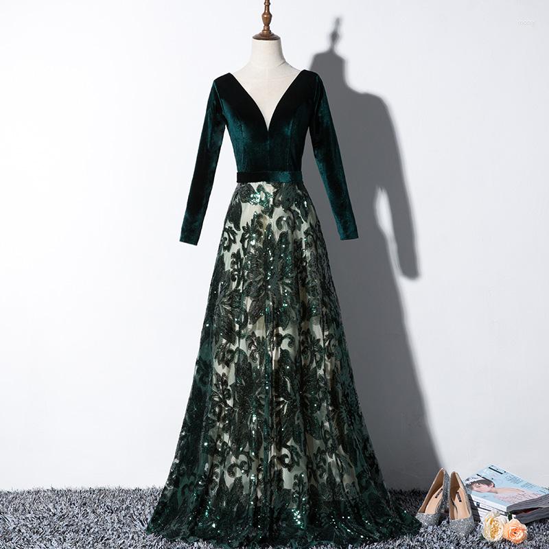 

Casual Dresses Luxury Banquet Noble Wedding Party Green V-neck Backless Sexy Lace Long Maxi Business Velvet Elegant