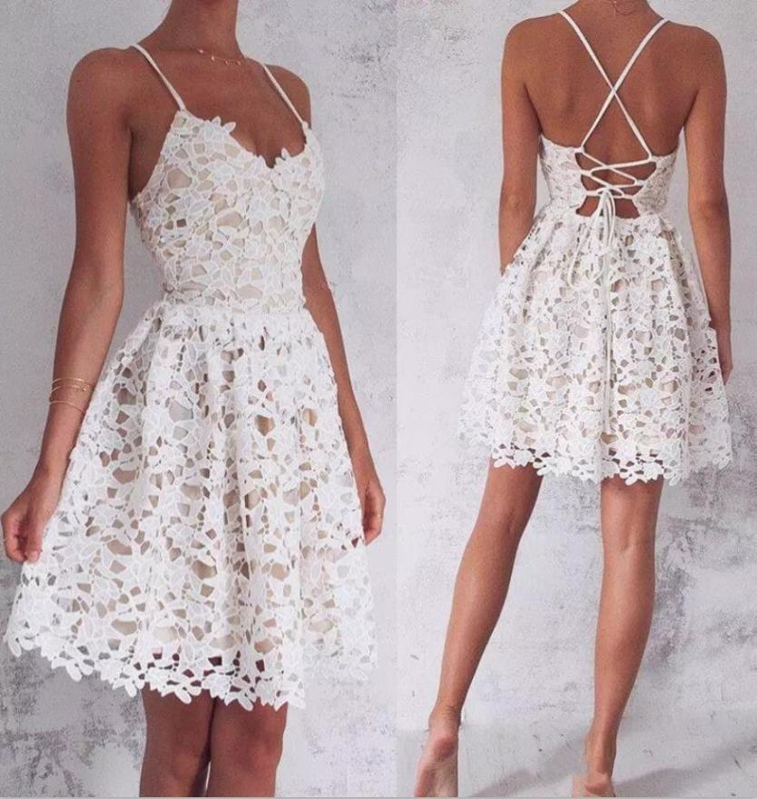 

ALine Fit Flare Spaghetti Straps Short Mini Lace Sexy Backless Cocktail Party Prom Dress with VNeckline8227286, Gray