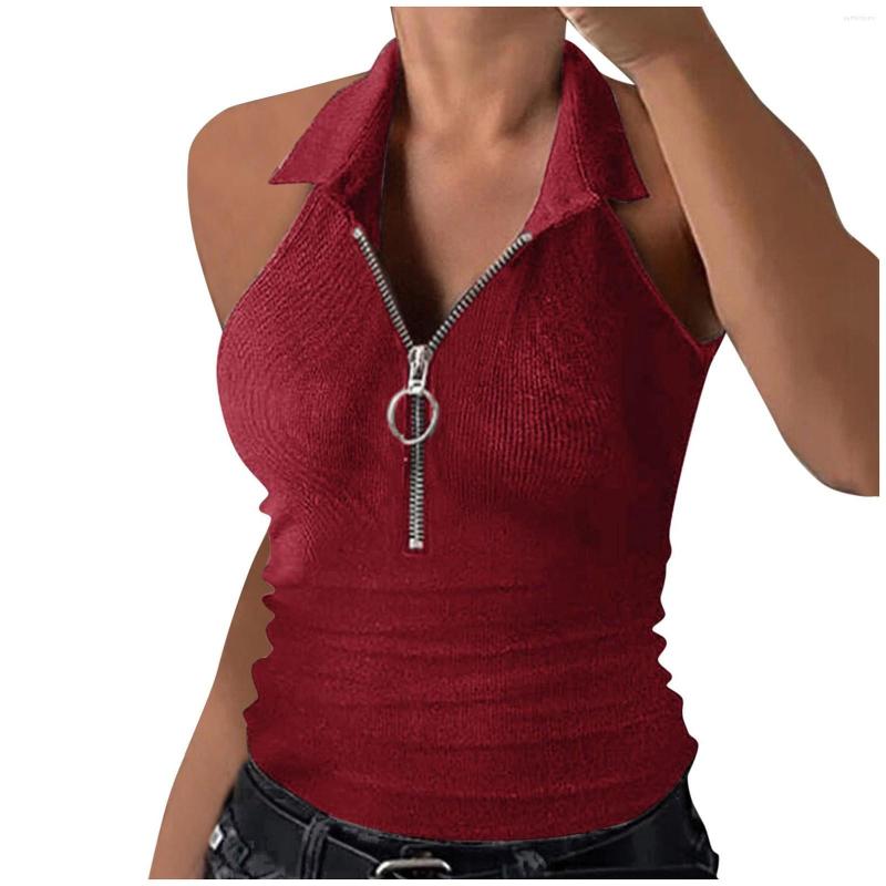 

Women' Tanks 2023 Spring Summer Pure Color Pit Strip Lapel Zipper Vest Women Fashion Casual T-Shirt Off The Shoulder Tank T Shirts, Black