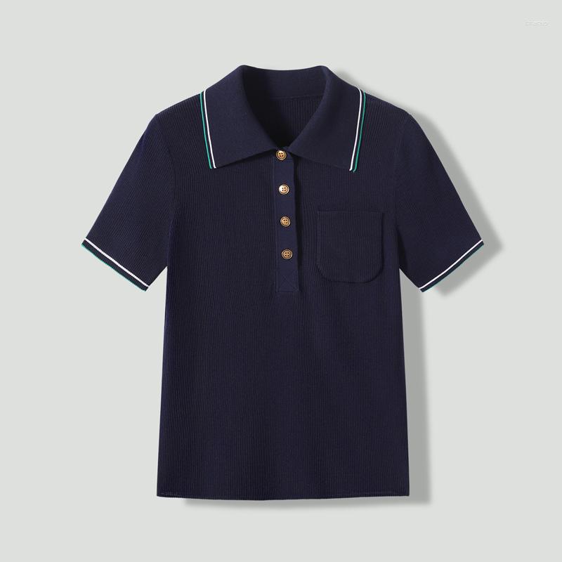 

Women's T Shirts THEME 21 Ladies Fashion Cotton Rib Turn-down Collar T-shirt Summer Classic Style For Female Of 2023 Trending, Navy