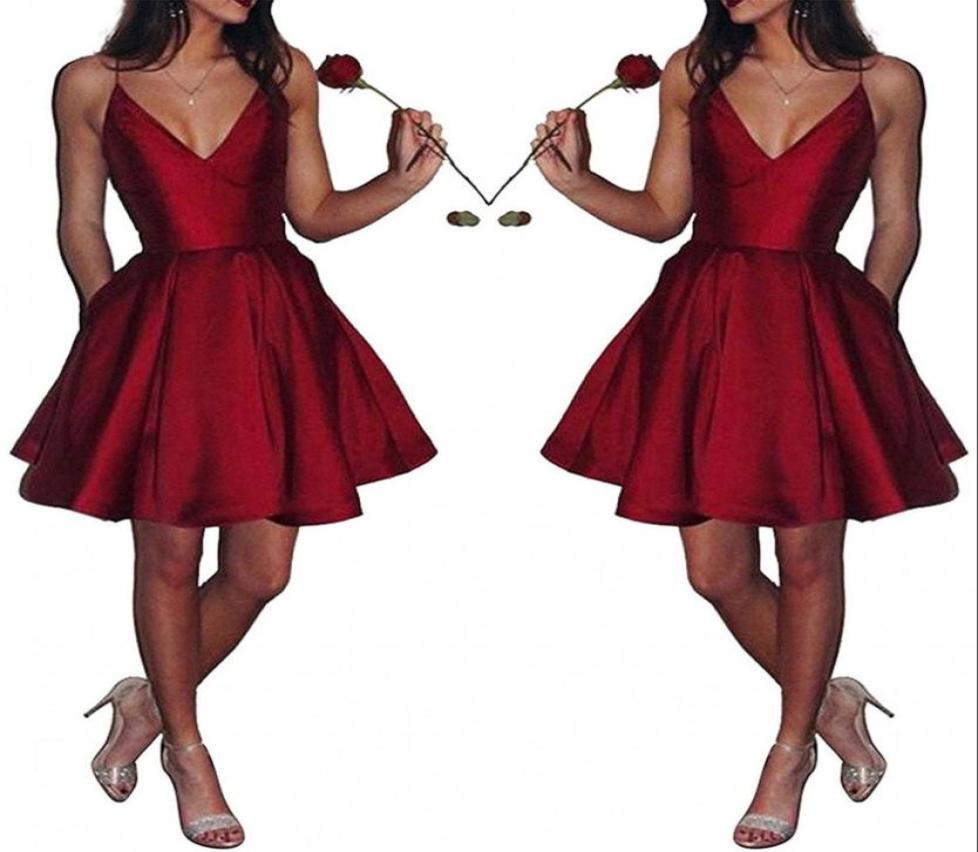

V Neck Satin Short Homecoming Dresses Sexy Spaghetti Straps A Line Knee Length Formal Party Gowns Short Prom Dresses BM04482037545, Purple