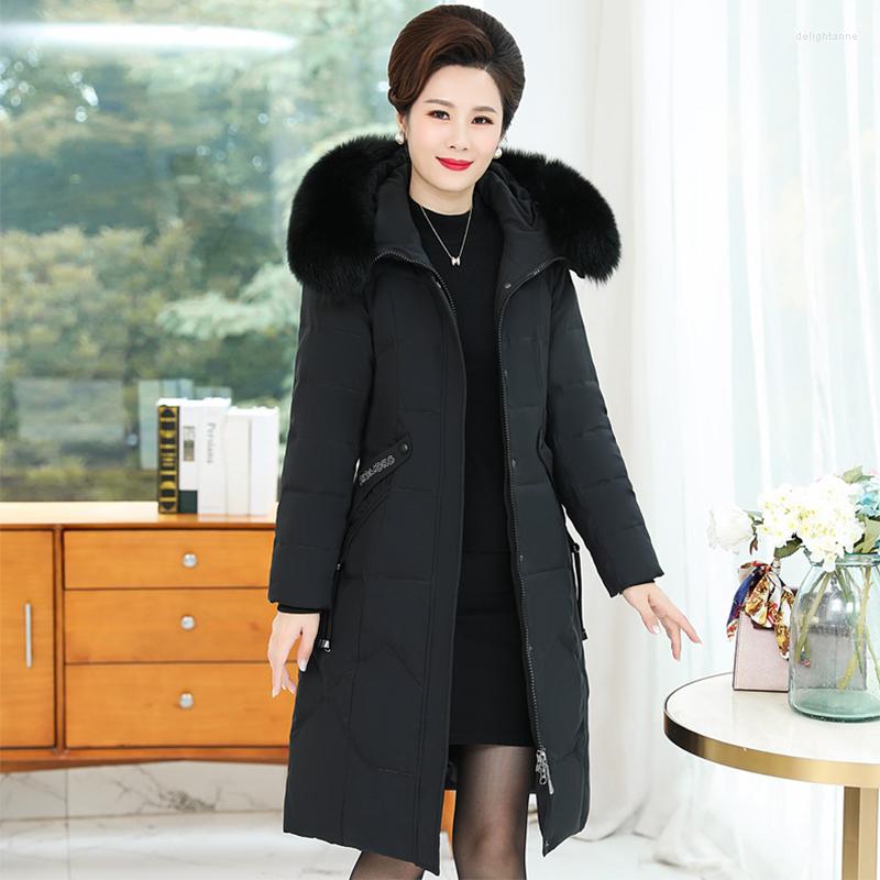 

Women's Down Long Parkas Hooded With Fur Sleeve Ladies Slim White Jackets Embroidery Thick Warm Coats For Female Nice, Black