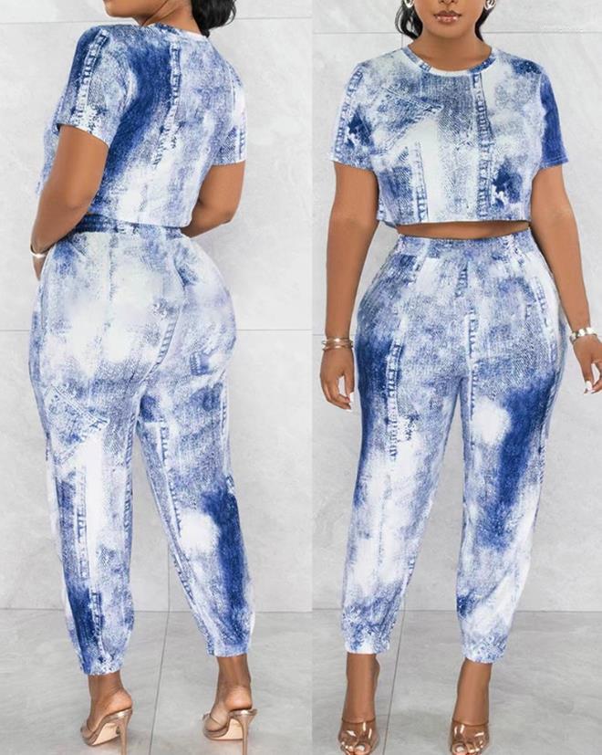 

Women's Two Piece Pants Womens Sets Outfit Denim Look Tie Dye Print Top & Set Fashion 2023 Summer Casual Female Clothing Suit