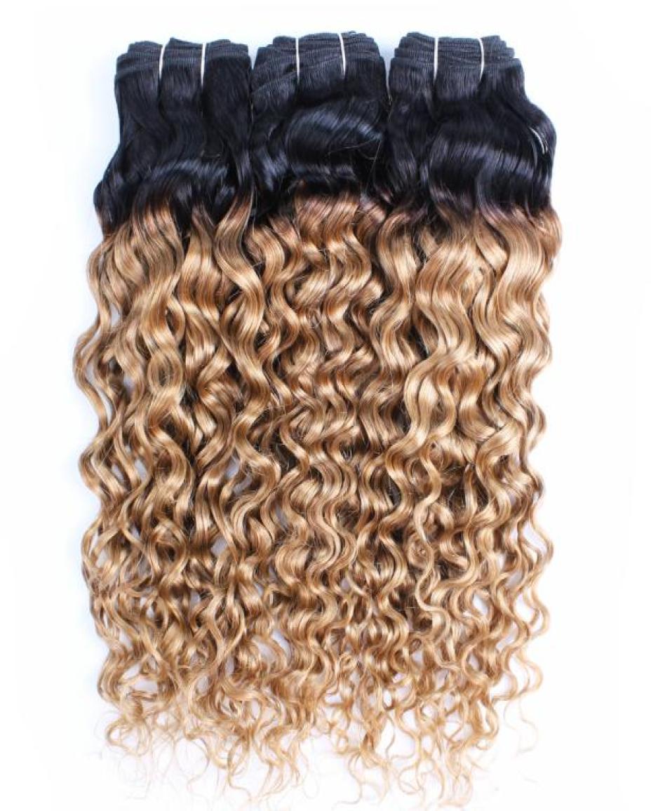 

T1B27 water wave hair bundles honey blonde with dark roots 3pcs virgin Brazilian Indian Peruvian Malaysian human extension6805650, Ombre color
