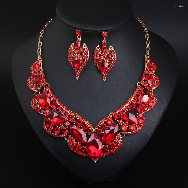 

Chains Exaggerated Ruby Clavicle Necklace And Earring For Women Set Fashion Bridal Wedding Jewelry Gemstone Accessories