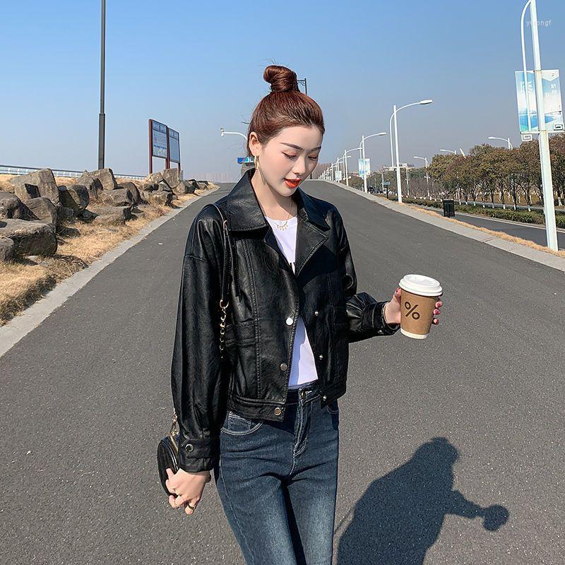 

Women' Leather Spring Women Faux Jacket Biker Black Short Coat Turndown Collar PU Motorcycle Jackets Loose Streetwear Outerwear Q410