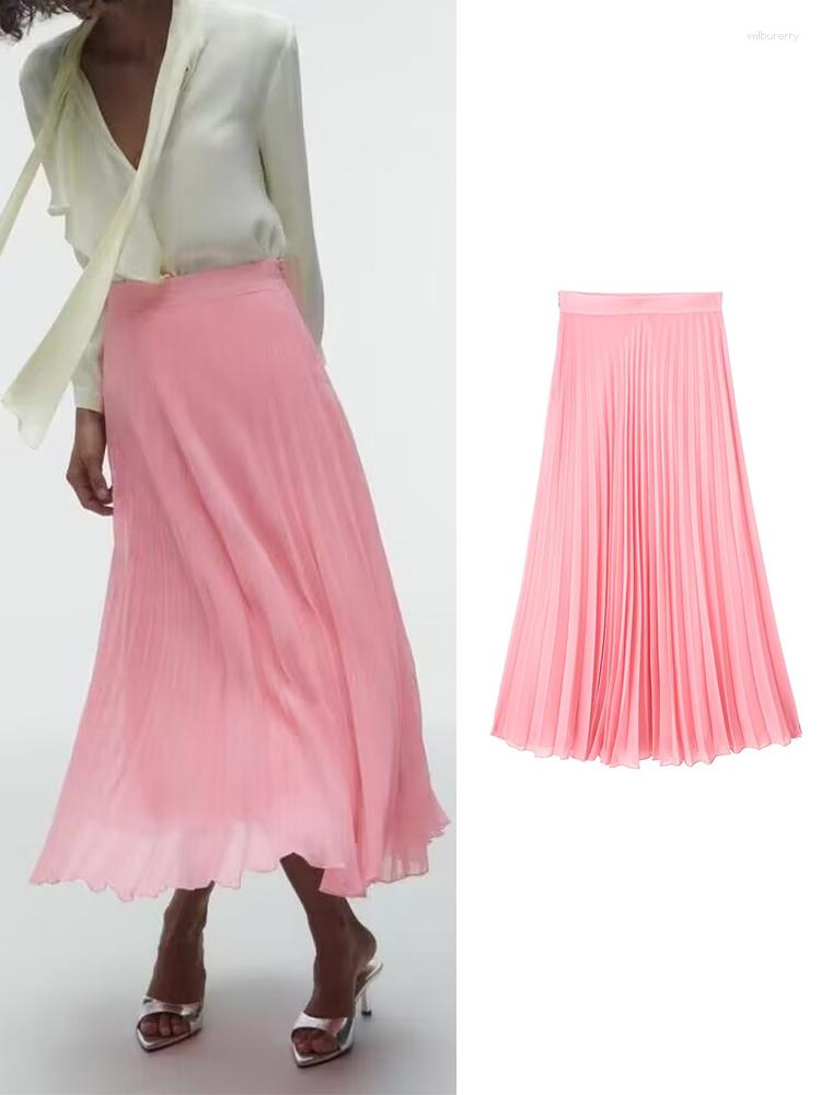 

Skirts 2023 Women Spring Summer Elegant Chic Solid Color Pleated Midi Skirt High Waist Luxury Fashion Female Pink Faldas Mujer