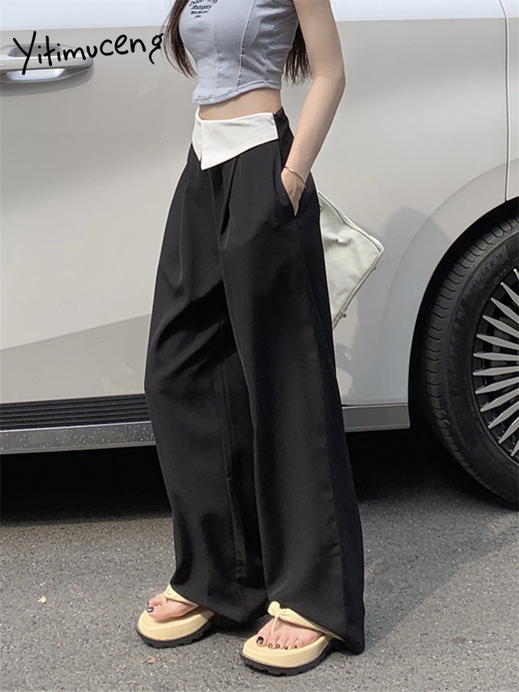 

Yitimuceng Cuffs Asymmetrical Suits Pants Women 2023 Korean Fashion High Waisted Baggy Pants Casual Full Length Wide Leg, Coffee