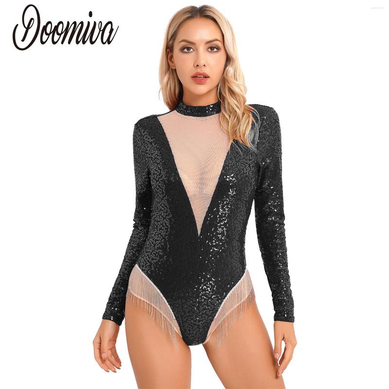 

Stage Wear Women Adult Sparkle Sequins Jazz Dance Costume Long Sleeve Tassel Leotard Fringe Bodysuit Latin Samba Rumba Performance Dresses, Black