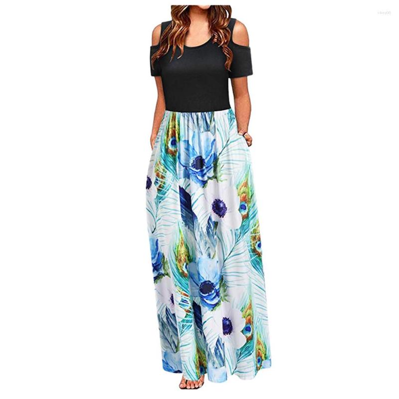

Casual Dresses Womens Cold Off Shoulder O-neck Floral Print Maxi Dress Elegant Tank Long Plus Size Polyester Summer Pocket, Red
