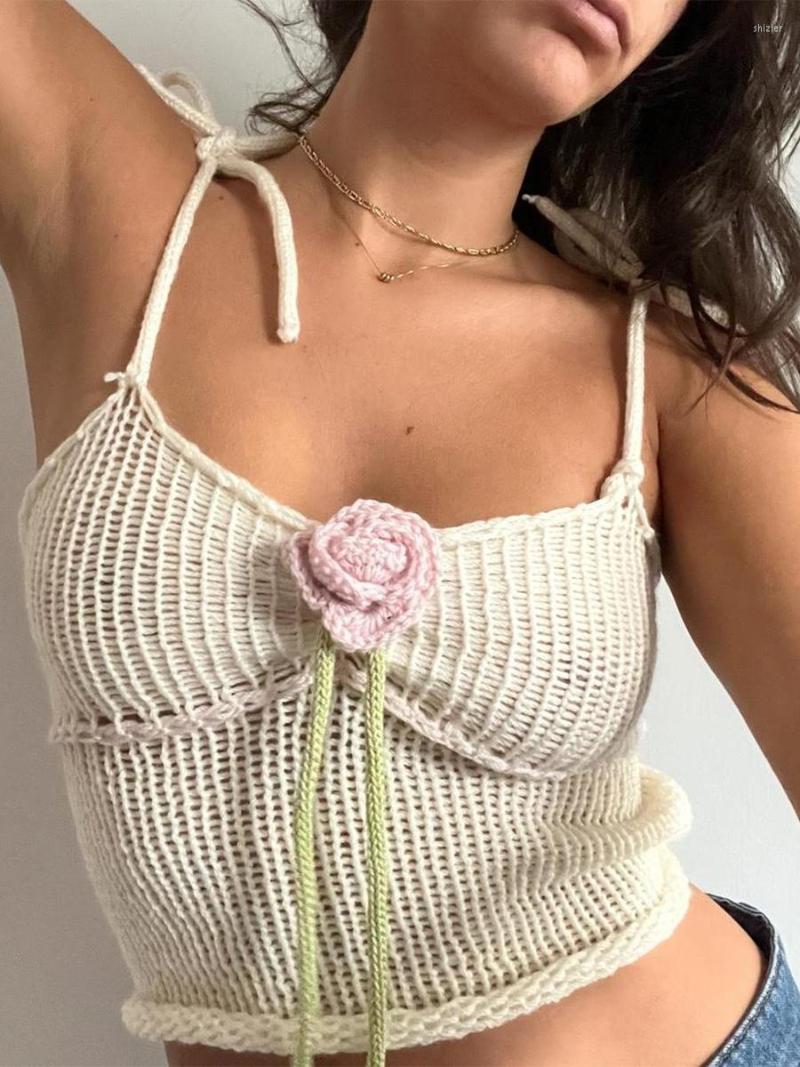 

Women' Tanks 2023 Women  Sling Tank Tops Summer Going Out Sleeveless Knit Rose Decor Crop Fashion Casual Streetwear, Beige