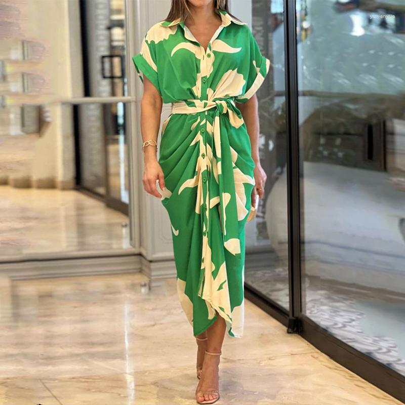 

Casual Dresses Ellafads Women Summer Dress Fashion Art Print Lapel Short Sleeve Single Row Button Tie Up Pleated Design Shirt, Green